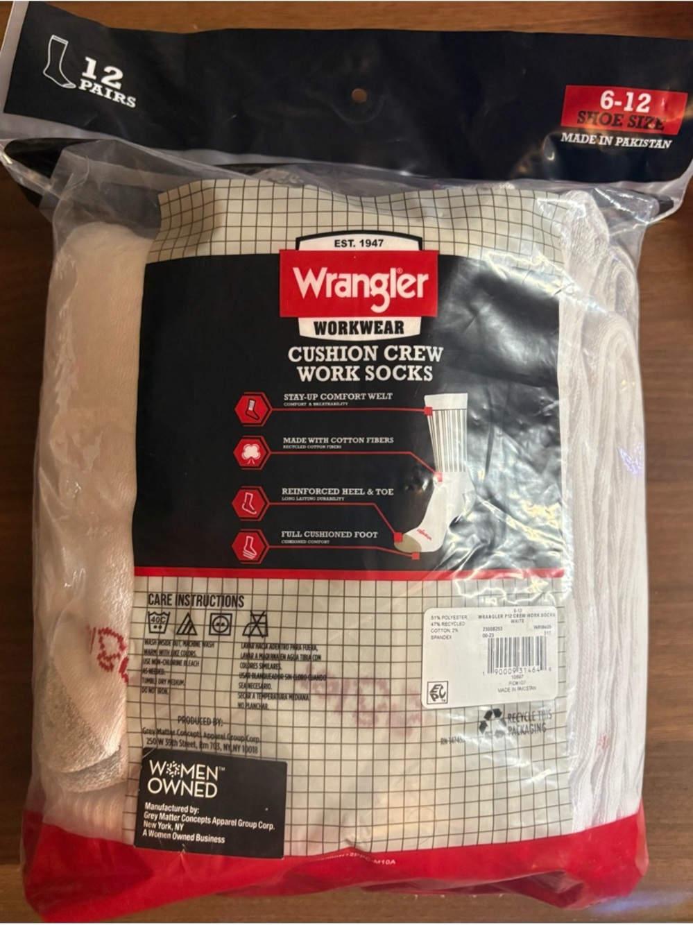 Wrangler White Cushion Crew Work Socks - 12 Pack - Picture 2 of 2